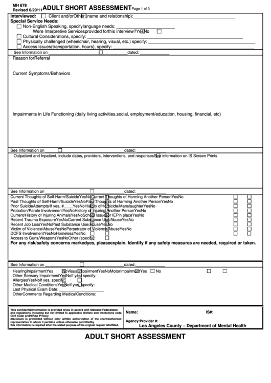 Fillable Form Mh 678 - Adult Short Assessment - Los Angeles County Printable pdf