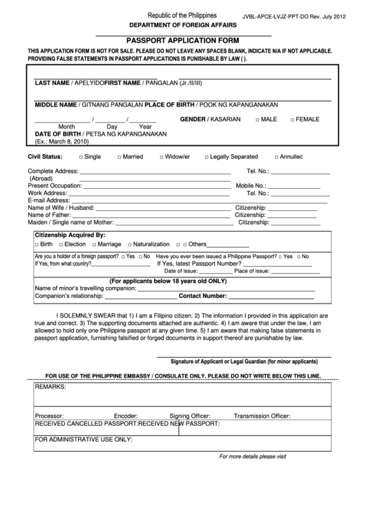 Fillable Passport Application Form - Republic Of The Philippines Department Of Foreign Affairs Printable pdf