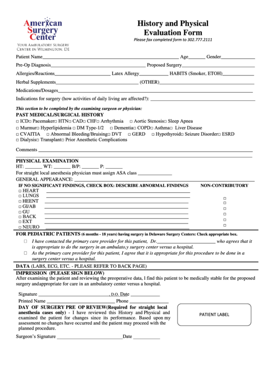 History And Physical Evaluation Form - American Surgery Center Printable pdf