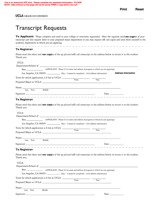 Fillable Transcript Requests Form - Ucla Department/school printable ...