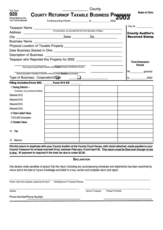 Fillable Form 920 - County Return Of Taxable Business Property - 2003 Printable pdf