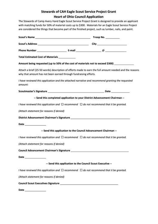 Eagle Scout Service Project Grant Heart Of Ohio Council Application Printable pdf