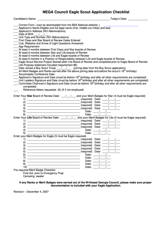 Nega Council Eagle Scout Application Checklist Form Printable pdf