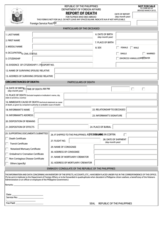 Fillable Report Of Death Form Printable pdf