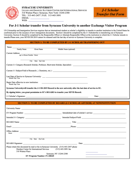 Fillable J-1 Scholar Transfer-Out Form Printable pdf