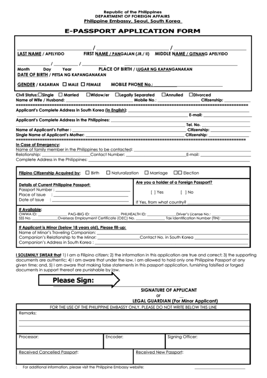 E-Passport Application Form - Republic Of The Philippines - Department