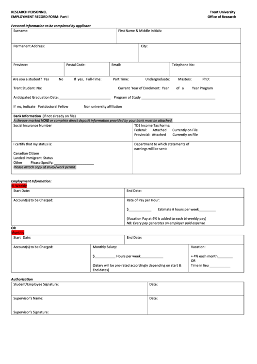 Fillable Research Personnel Employment Record Form Printable pdf