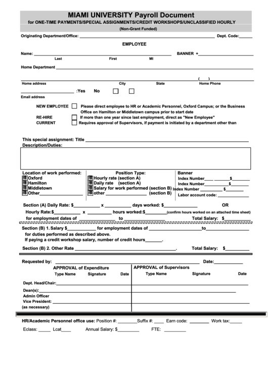 Fillable Payroll Document Form - Miami University Printable pdf