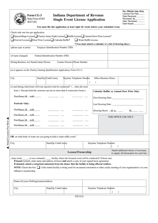 Cg-3 State Form 45382 - Single Event License Application - 2005 Printable pdf