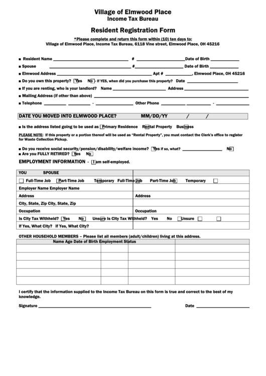 Resident Registration Form - Village Of Elmwood Place Printable pdf
