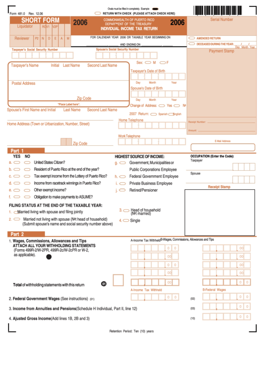 Fillable Form 481.0 - Individual Income Tax Return - 2006 Printable pdf