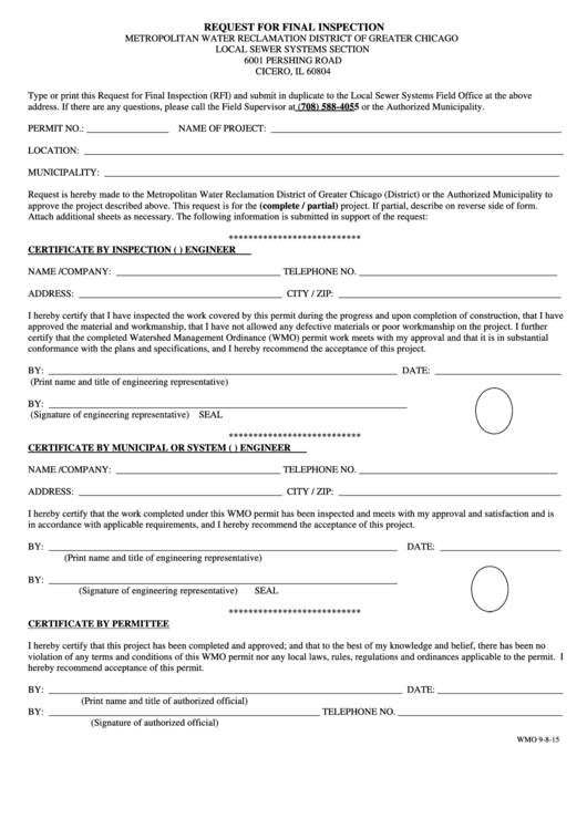 Fillable Form Wmo 9-8-15 - Request For Final Inspection (Rfi) Printable pdf