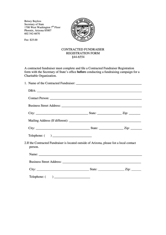 Fillable Contracted Fundraiser Registration Form A.r.s. 44-6554 - Arizona Secretary Of State Printable pdf