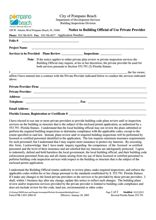 Fillable Form # 9b-3.053-2002-01 - Notice To Building Official Of Use Of Private Provider Printable pdf