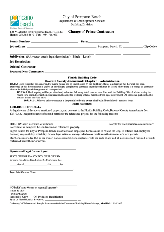 Fillable Change Of Prime Contractor Form Printable pdf