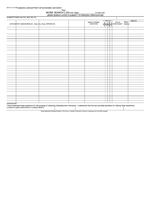 Form Ub-101-A - Work Search Log - Arizona Department Of Economic Security Printable pdf