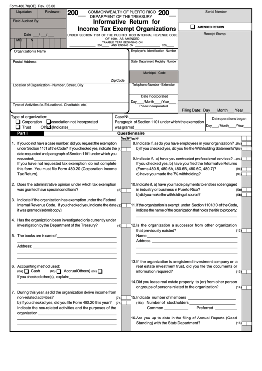 Form 480.70(Oe) - Informative Return For Income Tax Exempt Organizations - Puerto Rico Department Of The Treasury Printable pdf