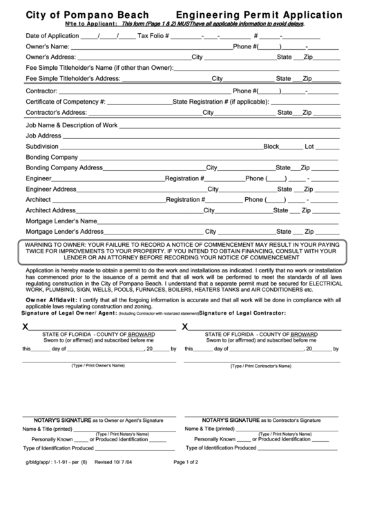 Fillable Engineering Permit Application Form Printable pdf