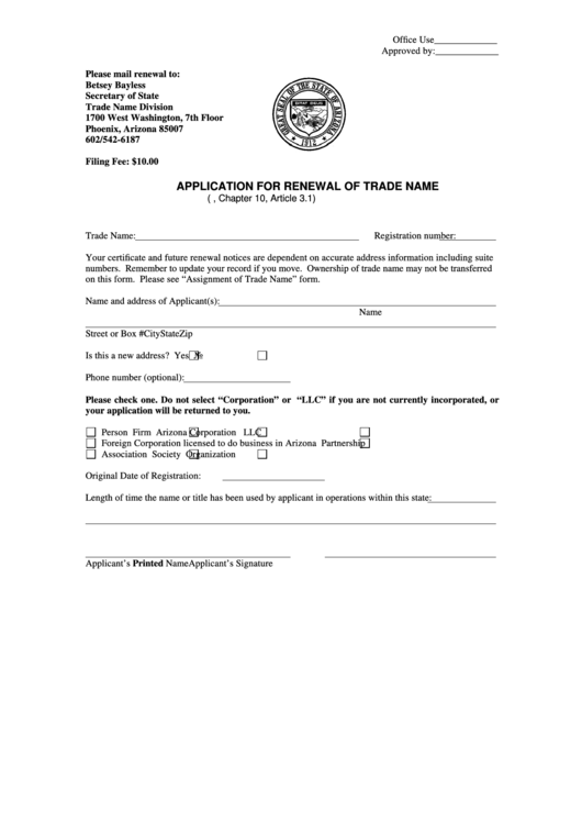Fillable Application For Renewal Of Trade Name Form - Arizona Secretary Of The State Printable pdf