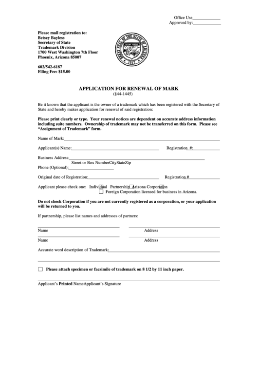 Fillable Application For Renewal Of Mark Form - Arizona Secretary Of State Printable pdf
