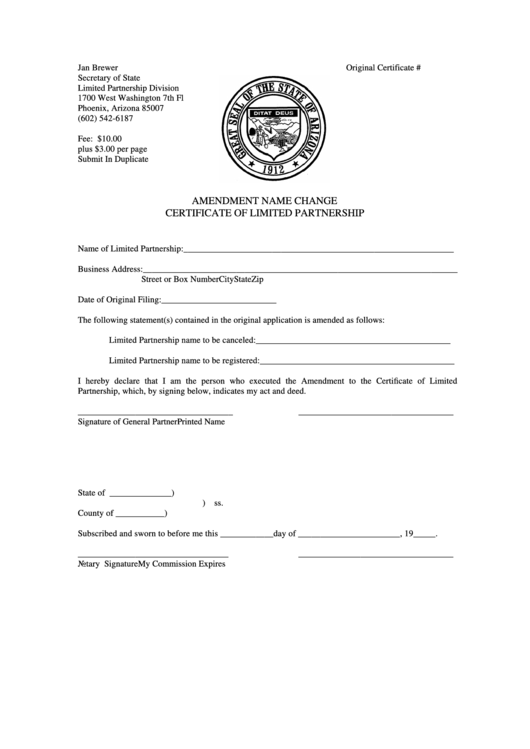 Fillable Amendment Name Change Certificate Of Limited Partnership Form - Arizona Secretary Of State Printable pdf