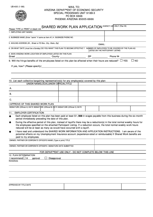 Fillable Form Ub-400 - Shared Work Plan Application - Arizona Department Of Economic Security Printable pdf