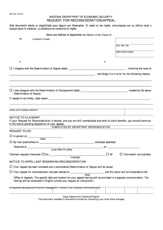 Fillable Form Ub-126 - Request For Reconsideration/appeal - Arizona Department Of Economic Security Printable pdf
