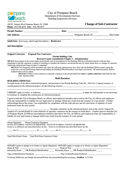 Fillable Change Of Sub-Contractor Form Printable pdf