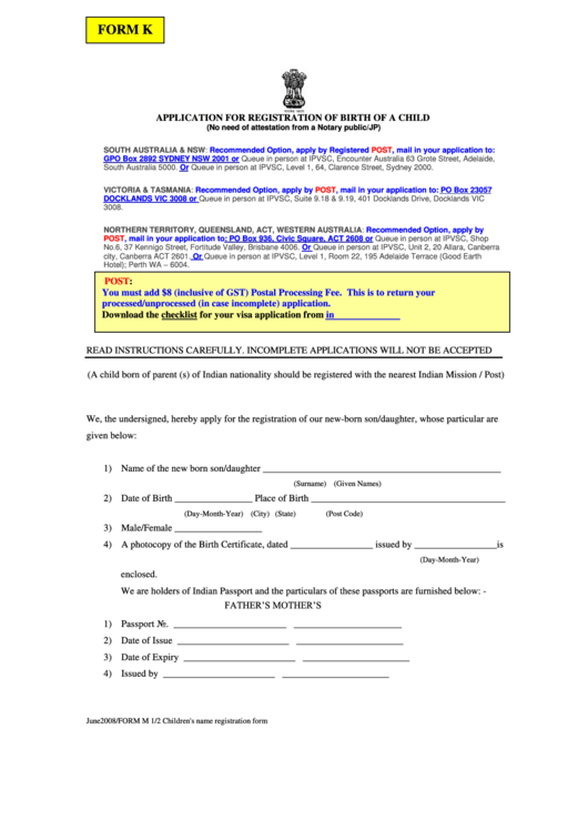 Form K - Application For Registration Of Birth Of A Child Printable pdf