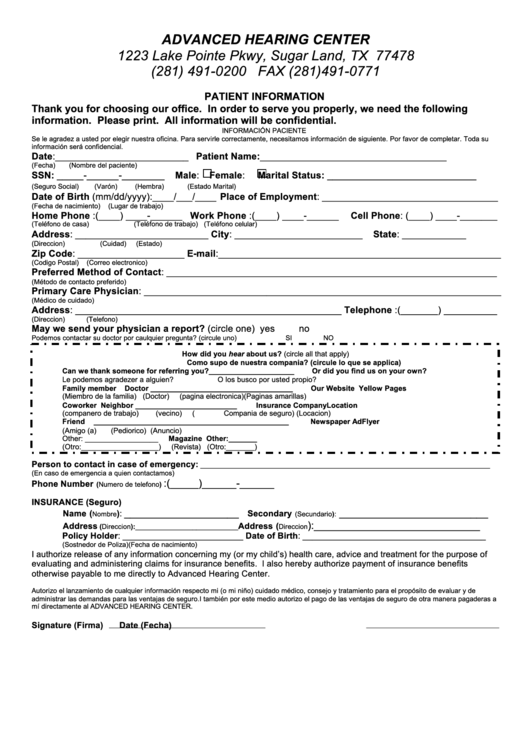 Patient Information Form printable pdf download