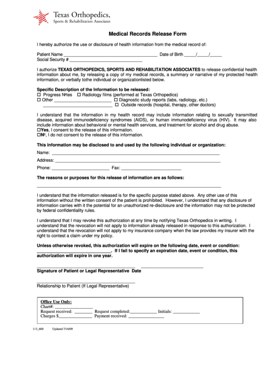 Medical Records Release Form Printable pdf