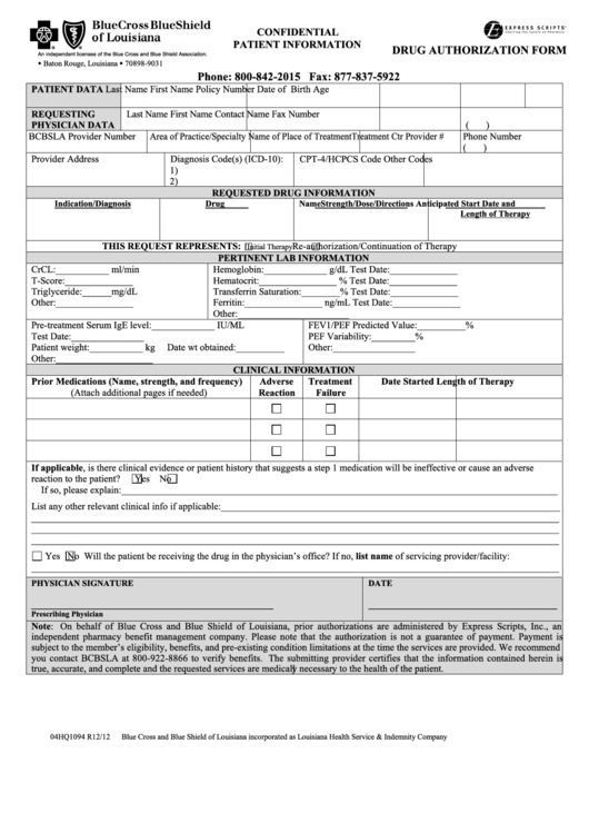 Fillable Form 04hq1094 - Drug Authorization Form - Bcbs Of Louisiana Printable pdf