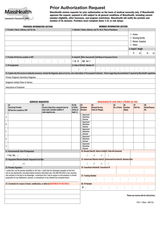Form Pa-1 - Prior Authorization Request - Masshealth Printable pdf