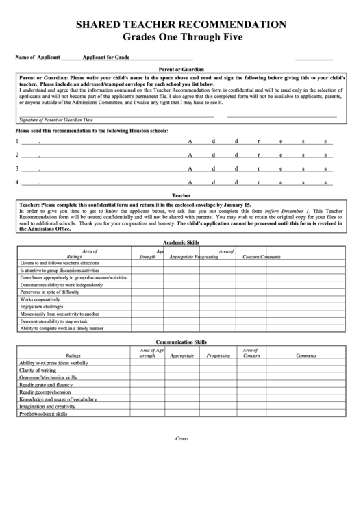 Teacher Recommendation Form - Grades 1-5