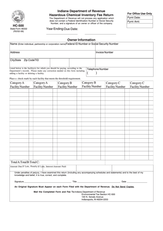 Hc-500 State Form 46332 - Hazardous Chemical Inventory Fee Return Printable pdf
