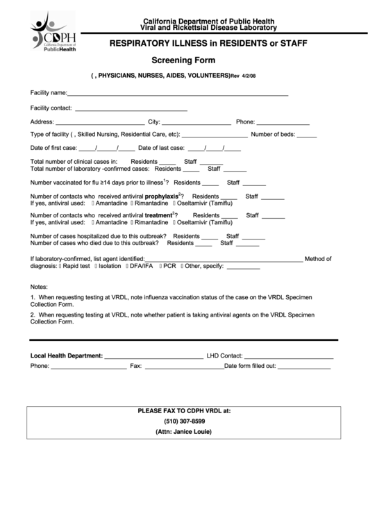 Screening Form - Respiratory Illness In Residents Or Staff Printable pdf