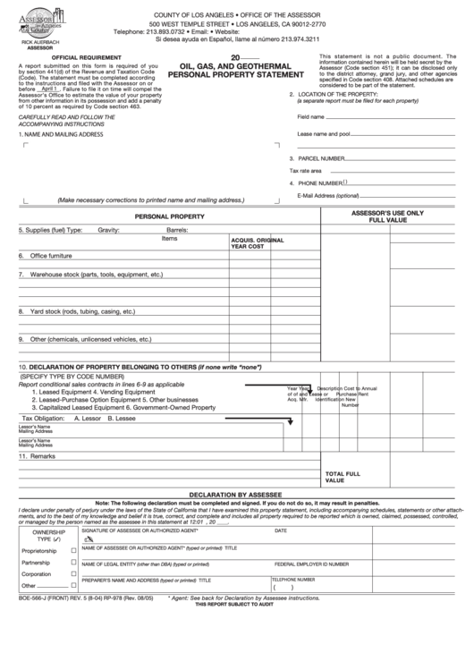 Form Boe-566-J (Front) Rp-978 - Oil, Gas, And Geothermal Personal Property Statement Printable pdf
