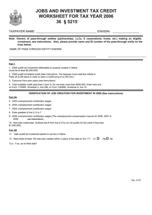 Jobs And Investment Tax Credit Worksheet For Tax Year 2006 Printable pdf