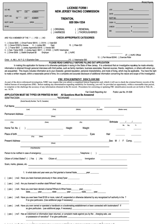 Fillable License Form I New Jersey Racing Commission Printable pdf