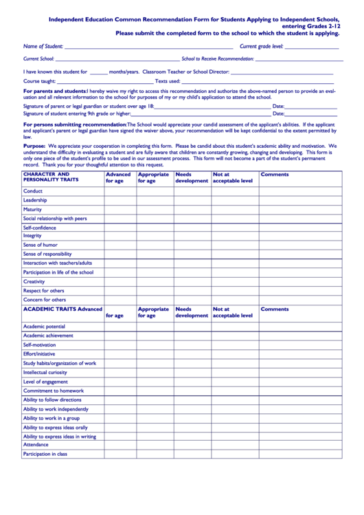Independent Education Common Recommendation Form For Grades 2-12 Students Printable pdf