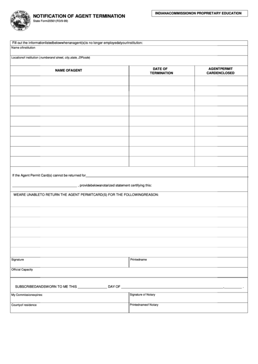 Fillable State Form 20561 - Notification Of Agent Termination Printable pdf