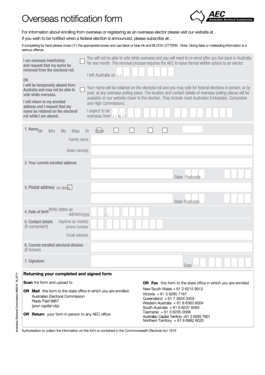 Overseas Notification Form Printable pdf
