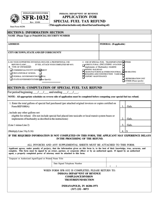 Form Sfr-1032 - Application For Special Fuel Tax Refund Printable pdf