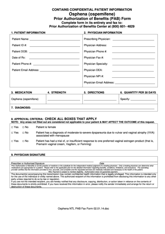Osphena (Ospemifene) Prior Authorization Of Benefits (Pab) Form Printable pdf