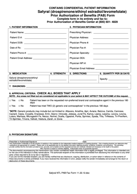 Safyral (Drospirenone/ethinyl Estradiol/levomefolate) Prior Authorization Of Benefits (Pab) Form Printable pdf