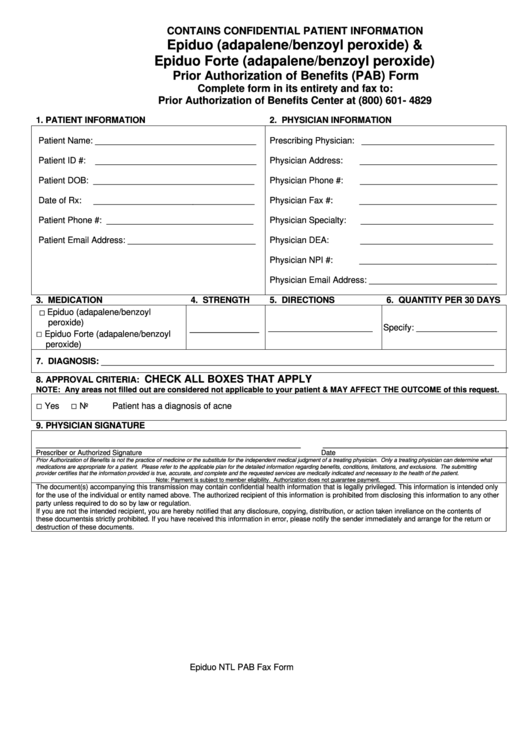 Epiduo (Adapalene/benzoyl Peroxide) & Epiduo Forte (Adapalene/benzoyl Peroxide) Prior Authorization Of Benefits (Pab) Form Printable pdf