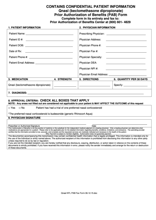 Qnasl (Beclomethasone Dipropionate) Prior Authorization Of Benefits (Pab) Form Printable pdf