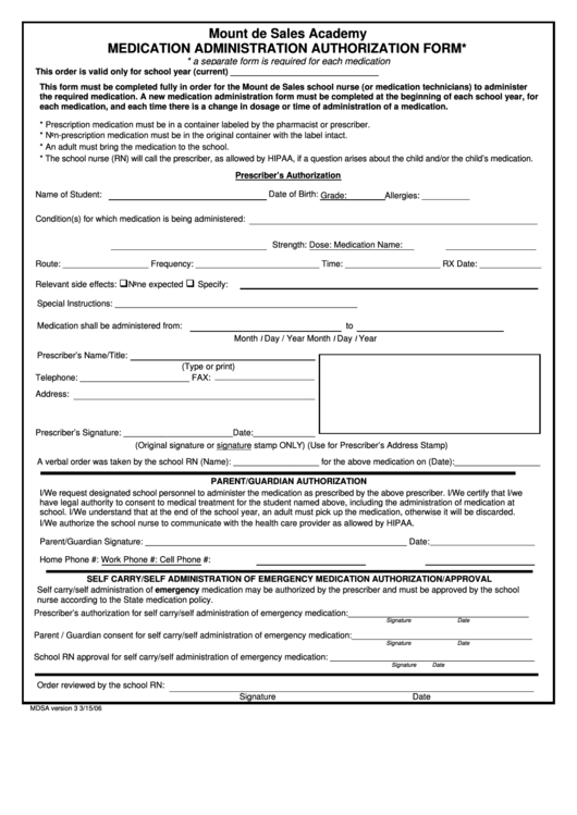 Medication Administration Authorization Form 2006 Printable pdf