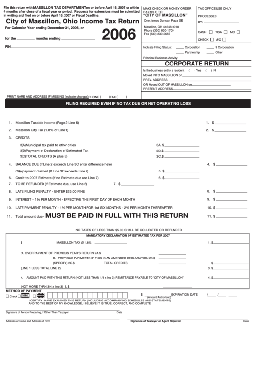 Income Tax Return - Massillon Tax Department - 2006 Printable pdf