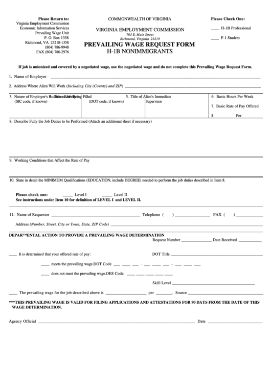 Prevailing Wage Request Form - H-1b Nonimmigrants Printable pdf